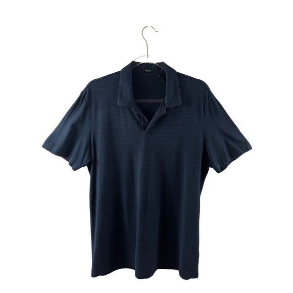 Theory Willem Flame Striped Jersey Polo Men's Large Navy Blue Short Sleeves - Picture 1 of 9